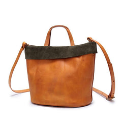 Vintage WOmens Green Leather Small Tote Bucket Bag Brown Small Tote Handbags Purse for Ladies