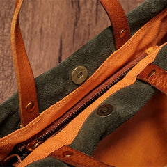 Vintage WOmens Green Leather Small Tote Bucket Bag Brown Small Tote Handbags Purse for Ladies