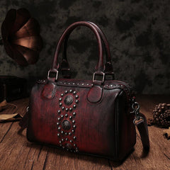 Red Vintage Ladies Leather Rivet Boston Handbag Purse Brown Shoulder Handbag for Women