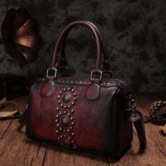 Vintage Red Ladies Leather Rivet Boston Handbag Purse Brown Shoulder Handbag for Women