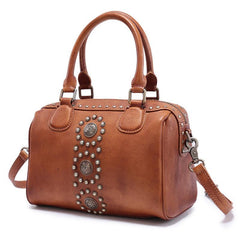 Brown Vintage Ladies Leather Rivet Boston Handbag Purse Red Shoulder Handbag for Women