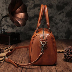 Vintage Red Ladies Leather Rivet Boston Handbag Purse Brown Shoulder Handbag for Women