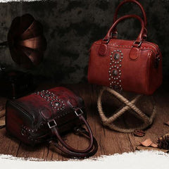 Brown Vintage Ladies Leather Rivet Boston Handbag Purse Red Shoulder Handbag for Women