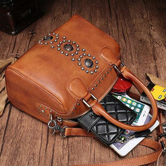 Brown Vintage Ladies Leather Rivet Boston Handbag Purse Red Shoulder Handbag for Women