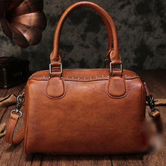 Brown Vintage Ladies Leather Rivet Boston Handbag Purse Red Shoulder Handbag for Women