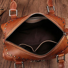 Brown Vintage Ladies Leather Rivet Boston Handbag Purse Red Shoulder Handbag for Women