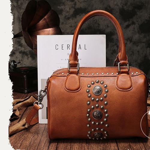 Brown Vintage Ladies Leather Rivet Boston Handbag Purse Red Shoulder Handbag for Women