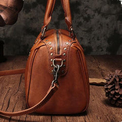Vintage Red Ladies Leather Rivet Boston Handbag Purse Brown Shoulder Handbag for Women