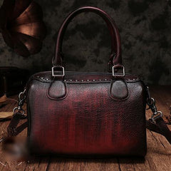 Brown Vintage Ladies Leather Rivet Boston Handbag Purse Red Shoulder Handbag for Women