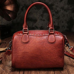 Brown Vintage Ladies Leather Rivet Boston Handbag Purse Red Shoulder Handbag for Women