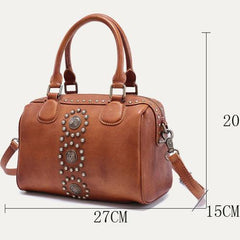 Brown Vintage Ladies Leather Rivet Boston Handbag Purse Red Shoulder Handbag for Women