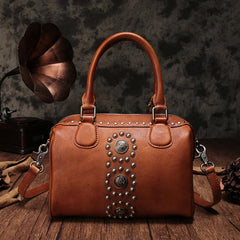 Brown Vintage Ladies Leather Rivet Boston Handbag Purse Red Shoulder Handbag for Women