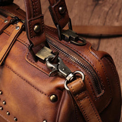 Red Vintage Leather Womens Boston Handbag Side Bag Brown Rivet Boston Shoulder Purse for Ladies