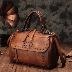 Red Vintage Leather Womens Boston Handbag Side Bag Brown Rivet Boston Shoulder Purse for Ladies