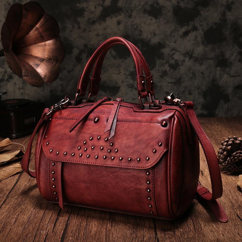 Red Vintage Leather Womens Boston Handbag Side Bag Brown Rivet Boston Shoulder Purse for Ladies