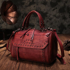 Red Vintage Leather Womens Boston Handbag Side Bag Brown Rivet Boston Shoulder Purse for Ladies