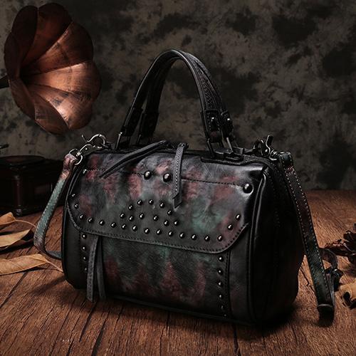 Vintage WOmens Green Leather Handbags Studded Work Bag Vintage Leather Shoulder Purses