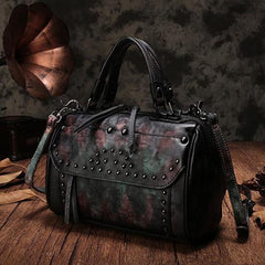 Red Vintage Leather Womens Boston Handbag Side Bag Brown Rivet Boston Shoulder Purse for Ladies