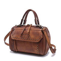 Red Vintage Leather Womens Boston Handbag Side Bag Brown Rivet Boston Shoulder Purse for Ladies