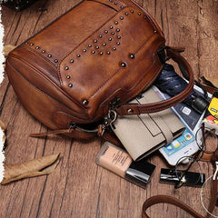 Red Vintage Leather Womens Boston Handbag Side Bag Brown Rivet Boston Shoulder Purse for Ladies
