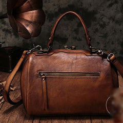 Red Vintage Leather Womens Boston Handbag Side Bag Brown Rivet Boston Shoulder Purse for Ladies