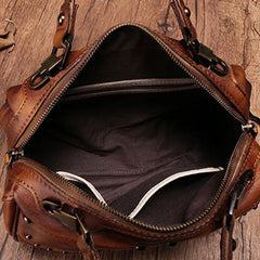 Red Vintage Leather Womens Boston Handbag Side Bag Brown Rivet Boston Shoulder Purse for Ladies