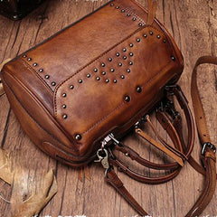 Red Vintage Leather Womens Boston Handbag Side Bag Brown Rivet Boston Shoulder Purse for Ladies