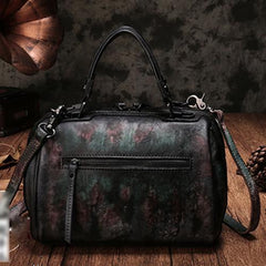 Red Vintage Leather Womens Boston Handbag Side Bag Brown Rivet Boston Shoulder Purse for Ladies