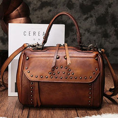 Red Vintage Leather Womens Boston Handbag Side Bag Brown Rivet Boston Shoulder Purse for Ladies