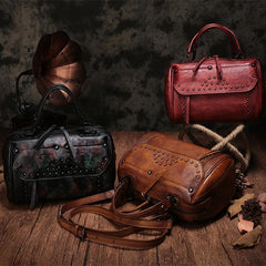 Red Vintage Leather Womens Boston Handbag Side Bag Brown Rivet Boston Shoulder Purse for Ladies