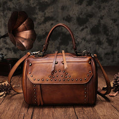 Red Vintage Leather Womens Boston Handbag Side Bag Brown Rivet Boston Shoulder Purse for Ladies