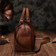 Red Vintage Leather Womens Boston Handbag Side Bag Brown Rivet Boston Shoulder Purse for Ladies