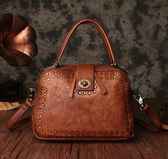 Vintage Womens Rivets Black Leather Handbags Shoulder Handbags Vintage Leather Purses for Ladies