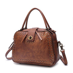 Vintage Womens Rivets Brown Leather Handbags Shoulder Handbags Vintage Leather Purses for Ladies
