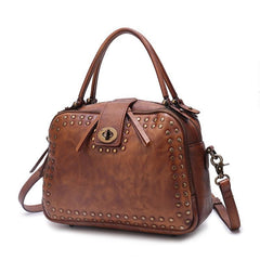 Vintage Womens Rivets Black Leather Handbags Shoulder Handbags Vintage Leather Purses for Ladies