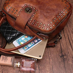 Vintage Womens Rivets Black Leather Handbags Shoulder Handbags Vintage Leather Purses for Ladies
