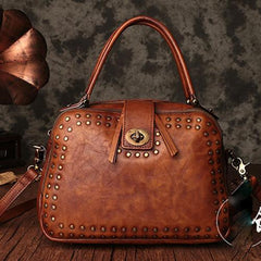 Vintage Womens Rivets Black Leather Handbags Shoulder Handbags Vintage Leather Purses for Ladies