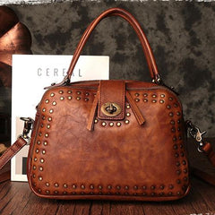 Vintage Womens Rivets Black Leather Handbags Shoulder Handbags Vintage Leather Purses for Ladies