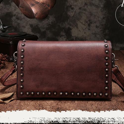 Brown Womens Vintage Leather Shoulder Purse Studded Green Small Side Bag Purse f DD824481086