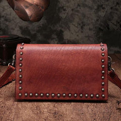 Brown Womens Vintage Leather Shoulder Purse Studded Green Small Side Bag Purse for Ladies