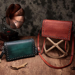 Green Womens Vintage Leather Shoulder Purse Brown Studded Small Red Side Bag Purse for Ladies