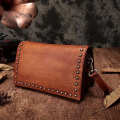 Brown Womens Vintage Leather Shoulder Purse Studded Green Small Side Bag Purse for Ladies