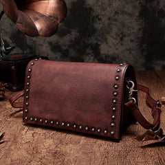 Brown Womens Vintage Leather Shoulder Purse Studded Green Small Side Bag Purse for Ladies