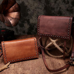 Brown Womens Vintage Leather Shoulder Purse Studded Green Small Side Bag Purse for Ladies