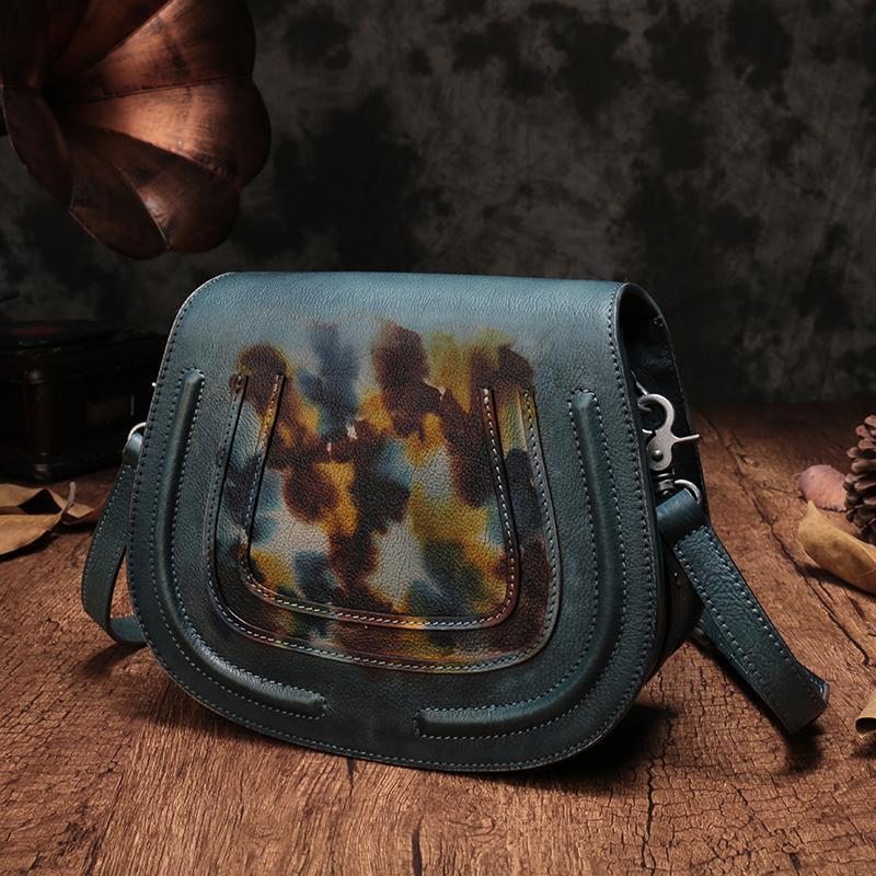 Vintage Womens Green Leather Saddle Handbag Vintage Style Shoulder Purses for Ladies