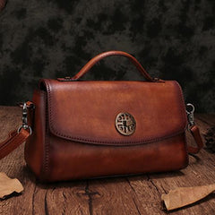 Vintage Womens Brown Leather Handbags Red Leather Shoulder Handbag Satchel Purse for Ladies