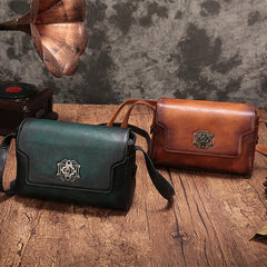 Vintage Womens Green Leather Saddle Shoulder Bag Small Satchel Bag Crossbody Bag for Ladies