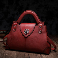 Red Vintage Leather Ladies Satchel Handbag Brown Shoulder Bag Purse for Women