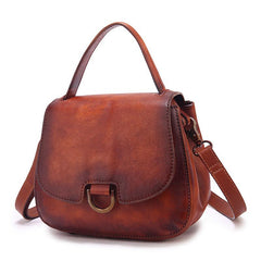 Vintage Womens Brown Leather Small Handbag Shoulder Bag Dome Satchel Purse Bag for Ladies