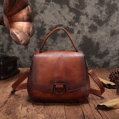 Vintage Womens Brown Leather Small Handbag Shoulder Bag Dome Satchel Purse Bag for Ladies